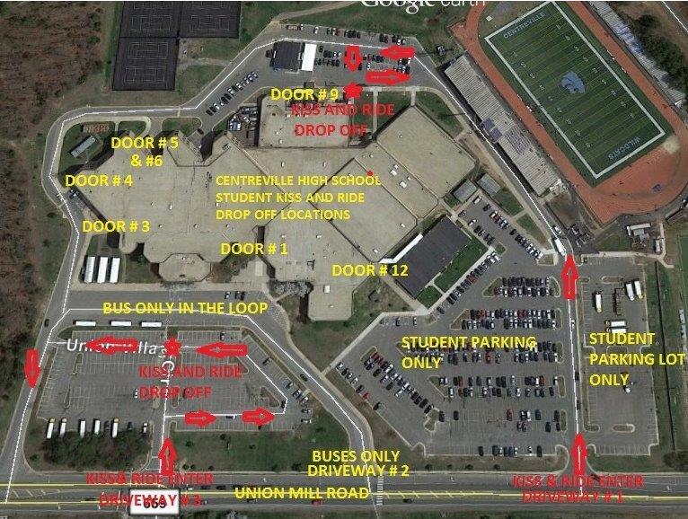 google earth image of CVHS parking lot and traffic pattern